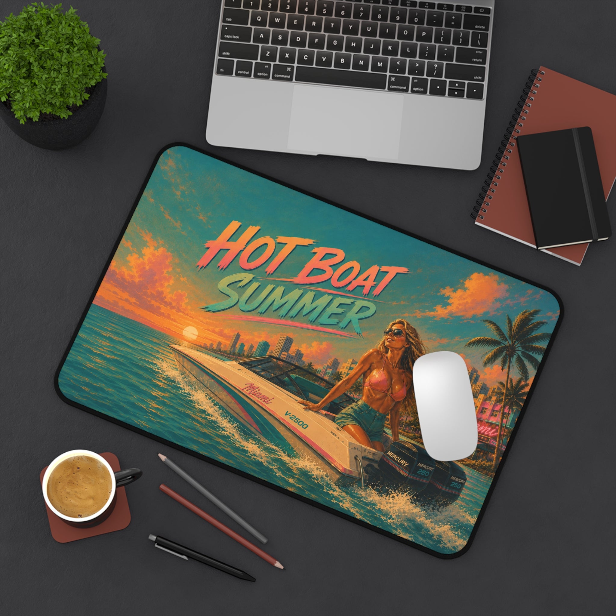 Hot Boat Summer desk mat | retro beach sunset, speedboat pinup art