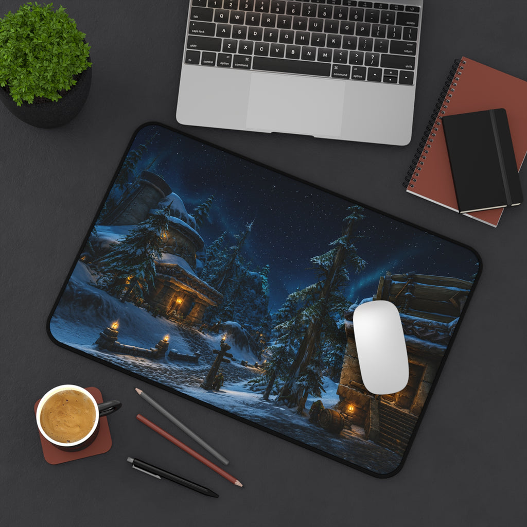 Snowy Village Night Desk Mat | Winter Cottage Landscape