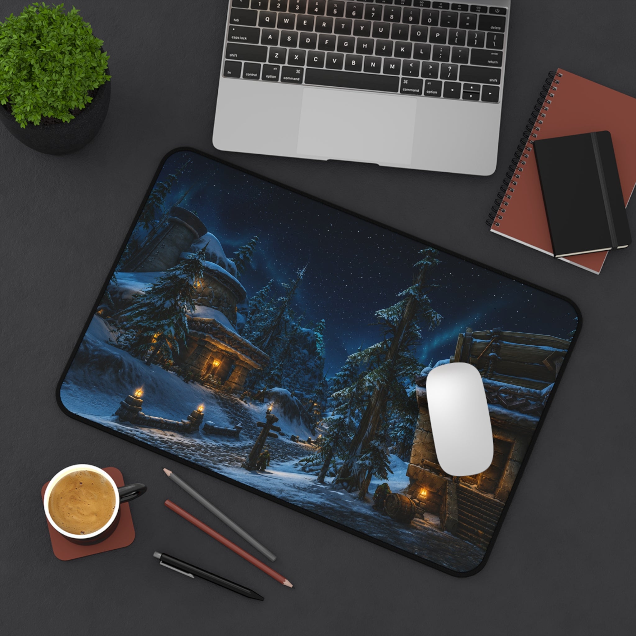 Snowy Village Night Desk Mat | Winter Cottage Landscape