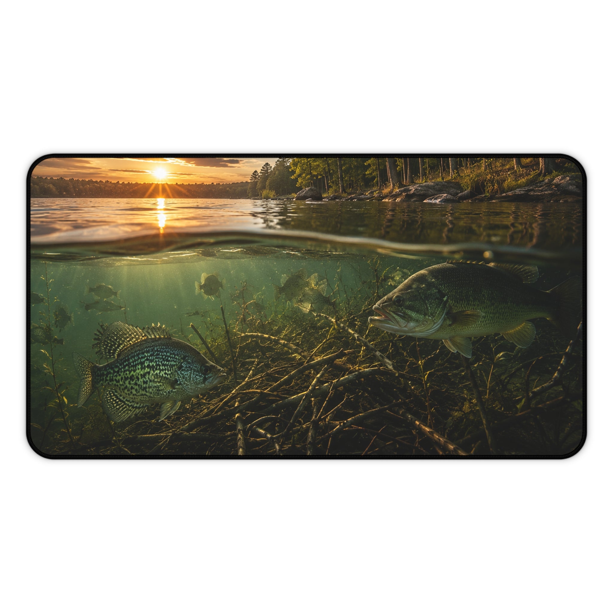 Underwater Lake Fish Scene Desk Mat | Sunset Shoreline, Crappie and Bass