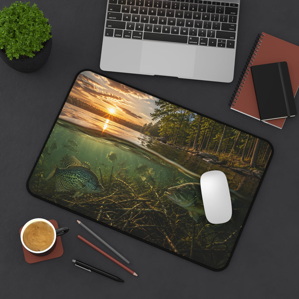 Underwater Lake Fish Scene Desk Mat | Sunset Shoreline, Crappie and Bass