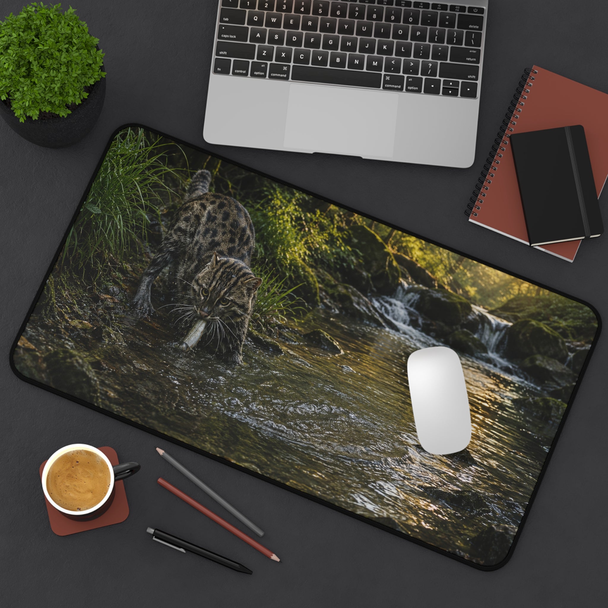 Forest Stream Leopard Desk Mat | Scenic Wildlife Mouse Pad