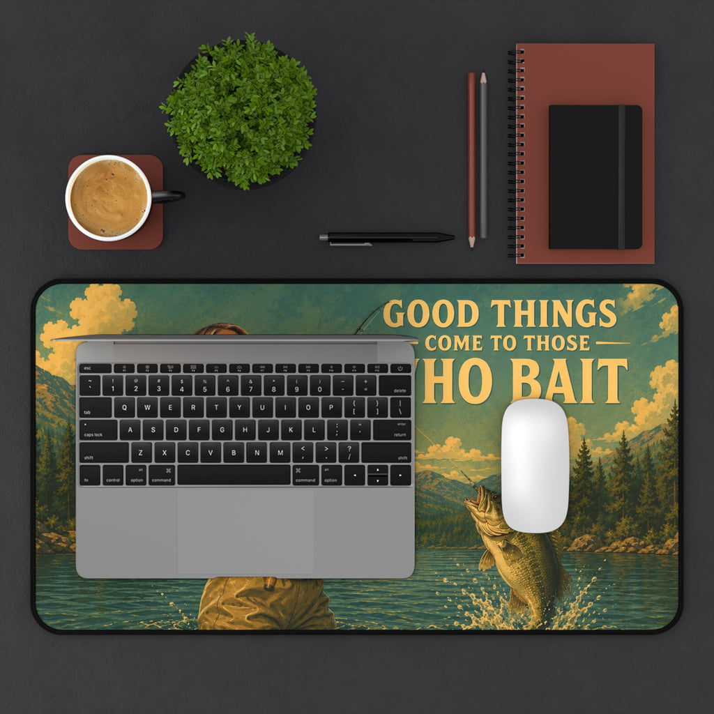 Good Things Come to Those Who Bait Desk Mat | Fishing Retro Lake Illustration
