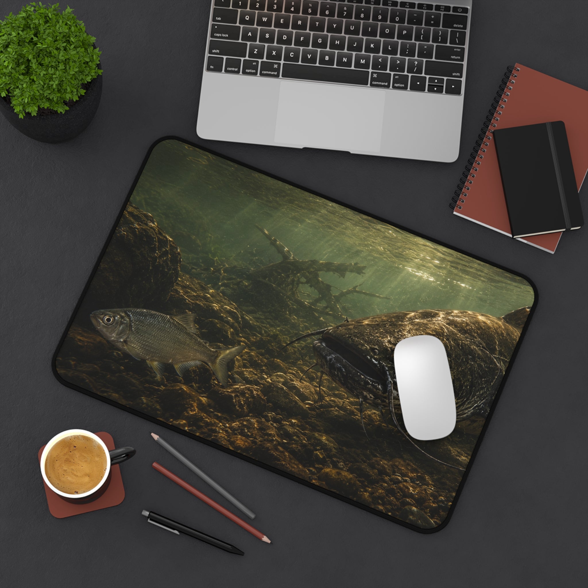 Dark Catfish Desk Mat — Thick Stitched Edge Gaming Desk Mat with Original Artwork