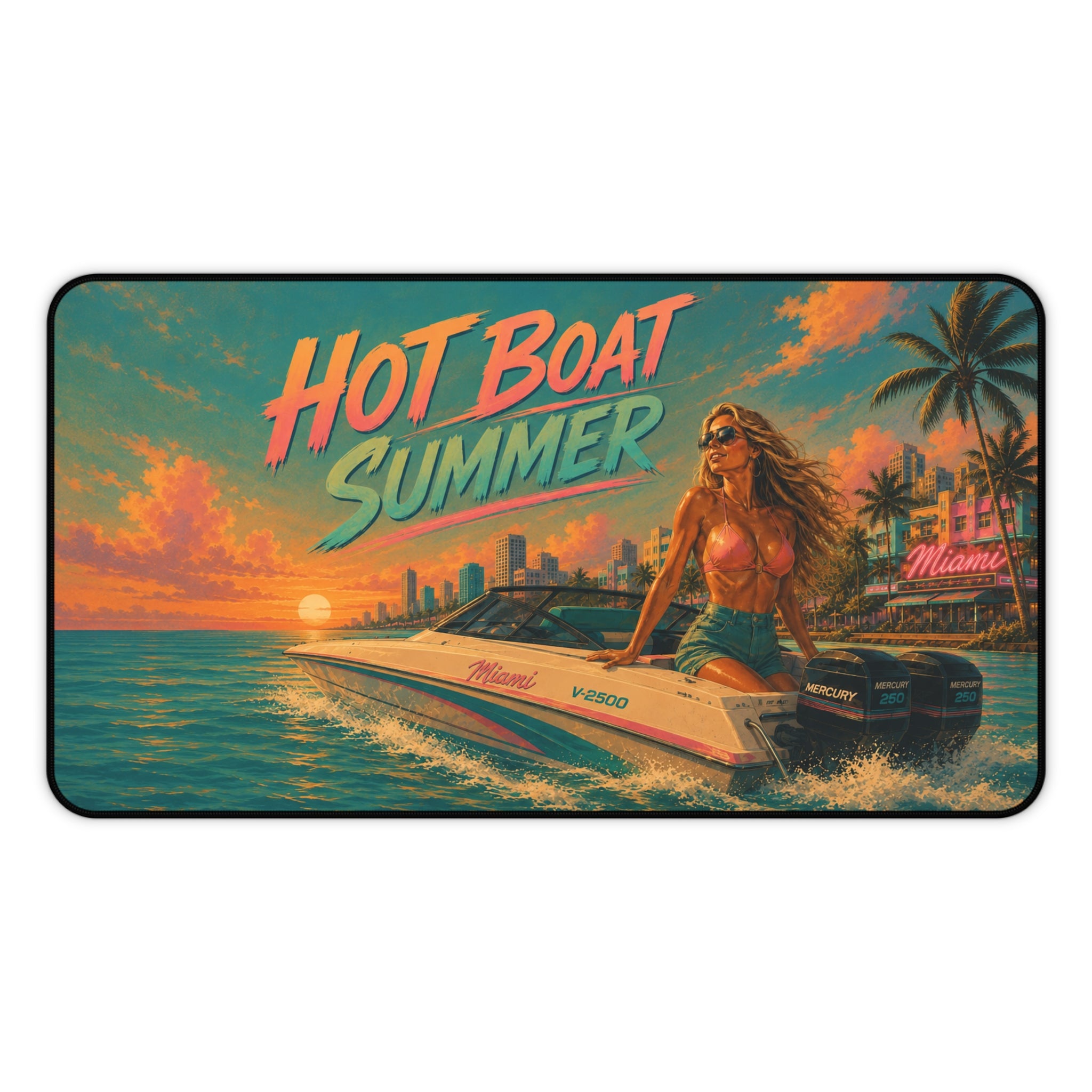 Hot Boat Summer desk mat | retro beach sunset, speedboat pinup art