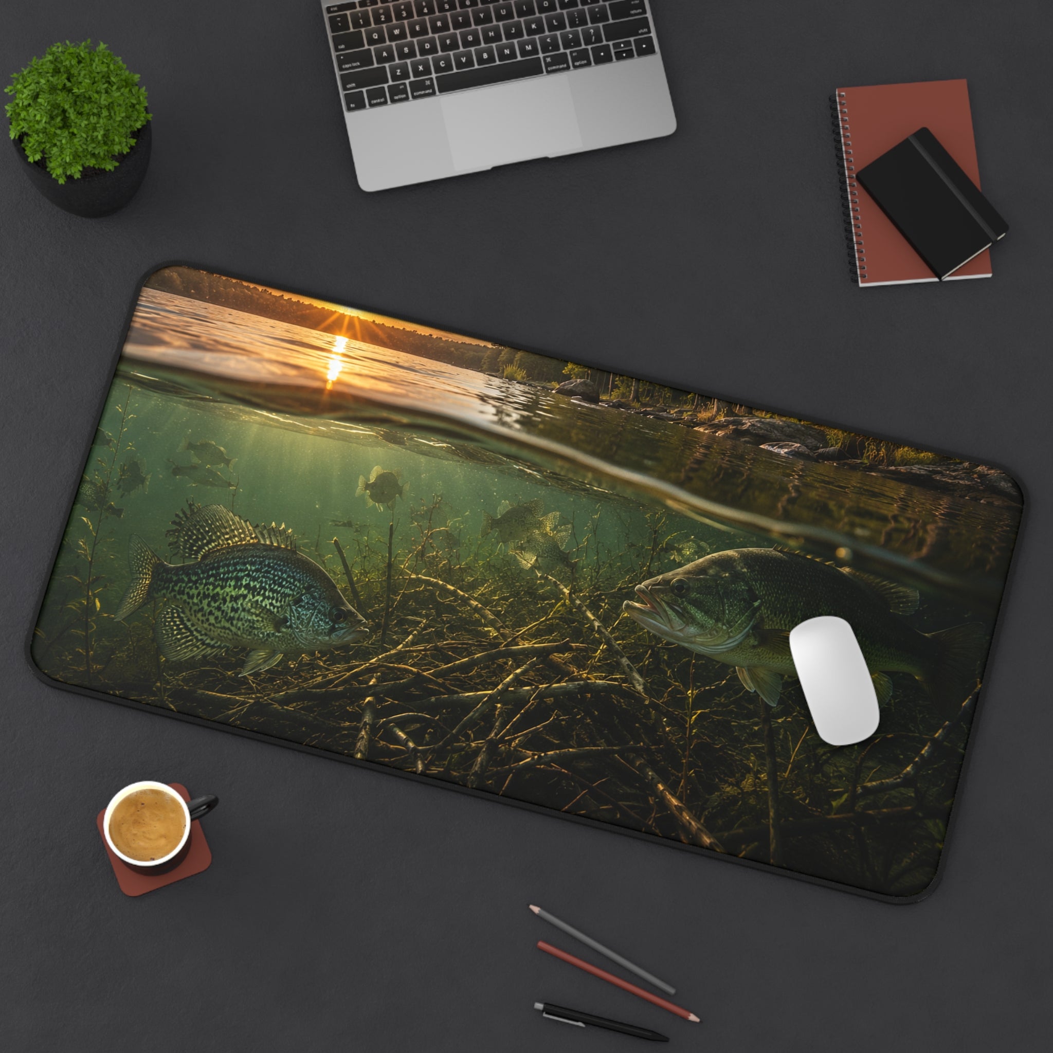 Underwater Lake Fish Scene Desk Mat | Sunset Shoreline, Crappie and Bass