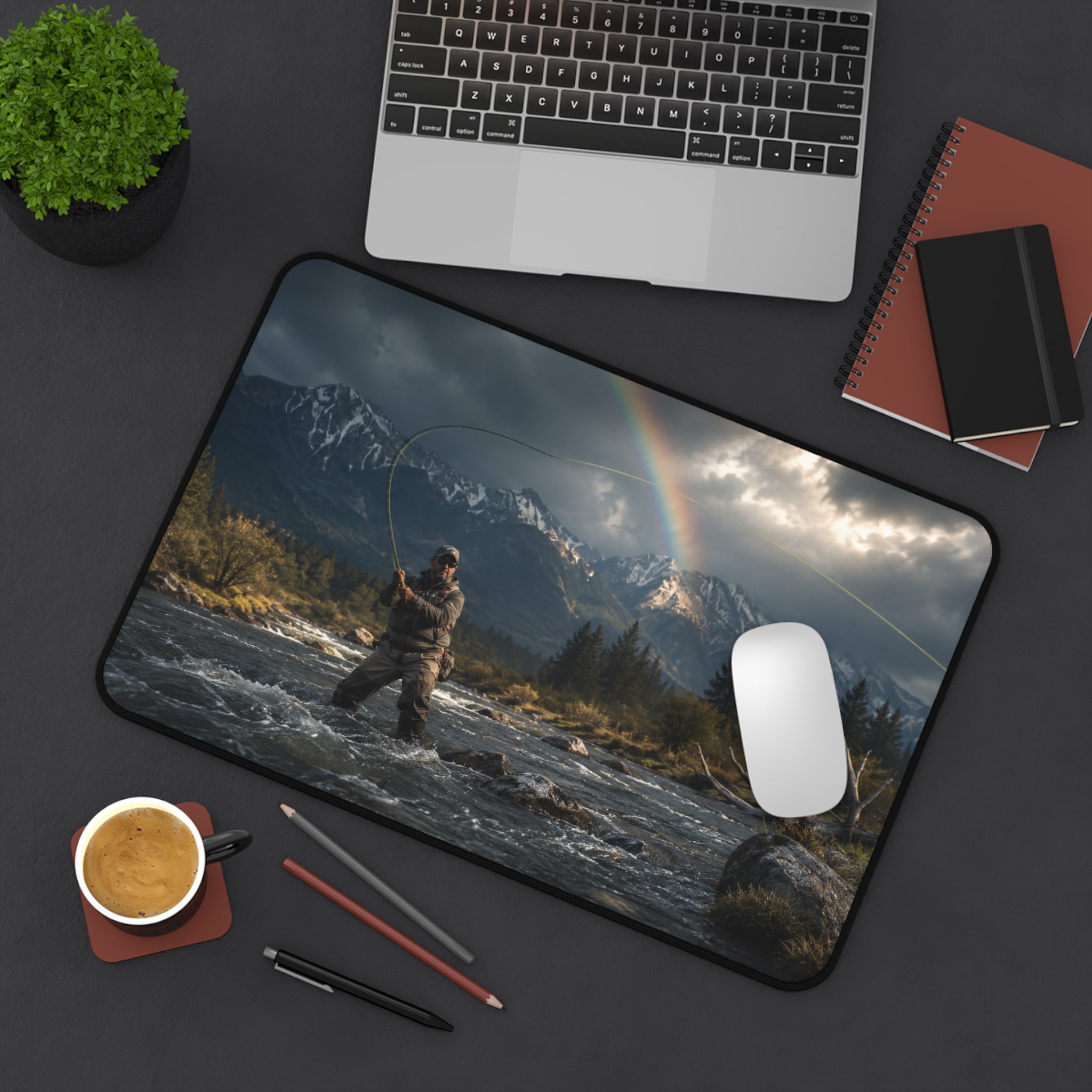 Fly Fishing Desk Mat, Fly Fisherman Gift, Mountain River Mouse Pad, Trout Angler Gaming Mat, Rainbow Fishing Office Decor