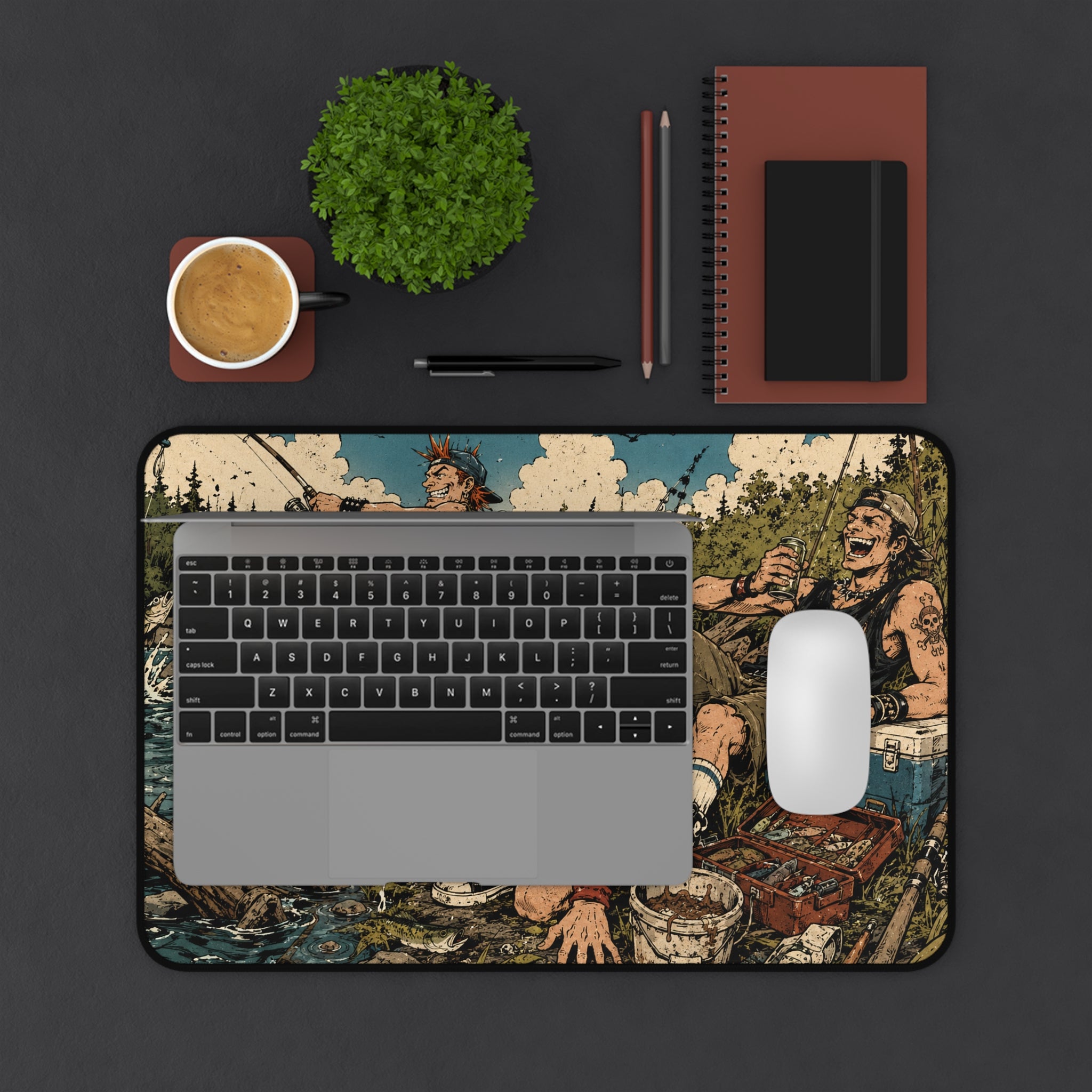 River Rats Fishing Desk Mat, Punk Anime Angler Mouse Pad, Rustic Outdoor River Scene, Fisherman Gift, Large Gaming Mouse Pad, Office Decor