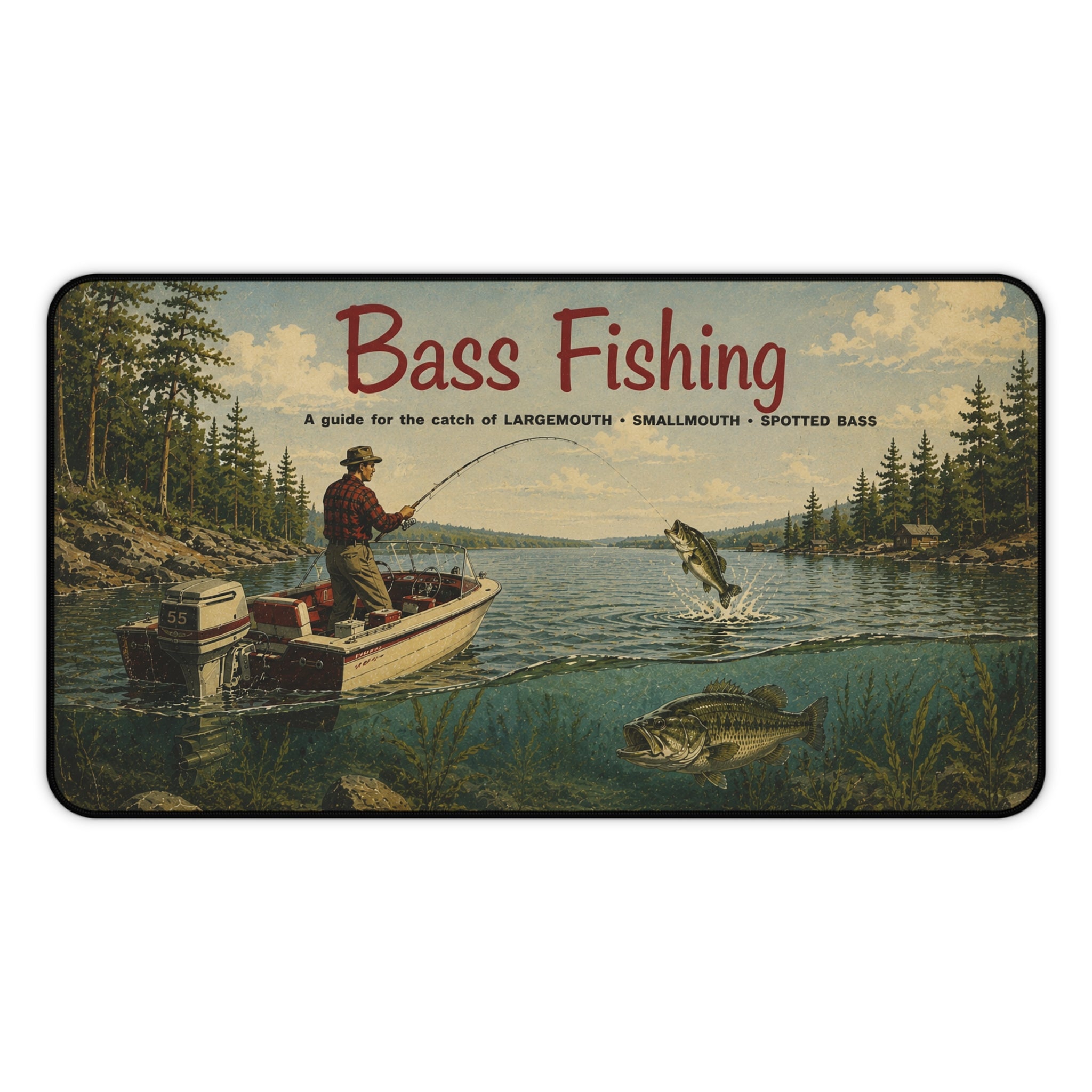 Bass Fishing Vintage Lake Scene Desk Mat | Fisherman Boat Illustration