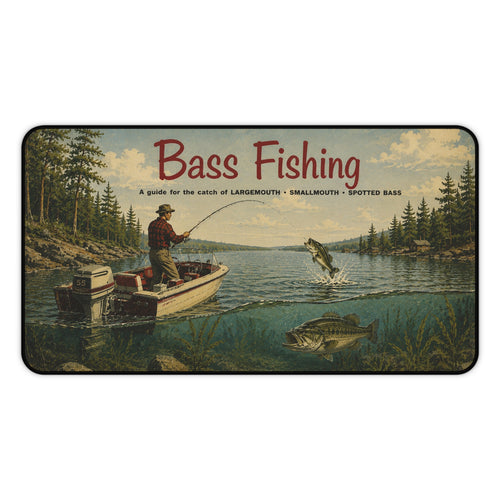 Bass Fishing Vintage Lake Scene Desk Mat | Fisherman Boat Illustration