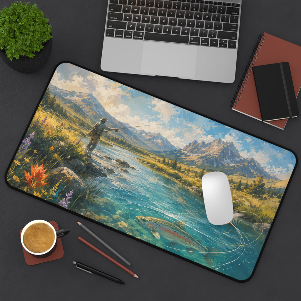 Mountain Fly Fishing Scene Desk Mat | River Trout Landscape Mousepad