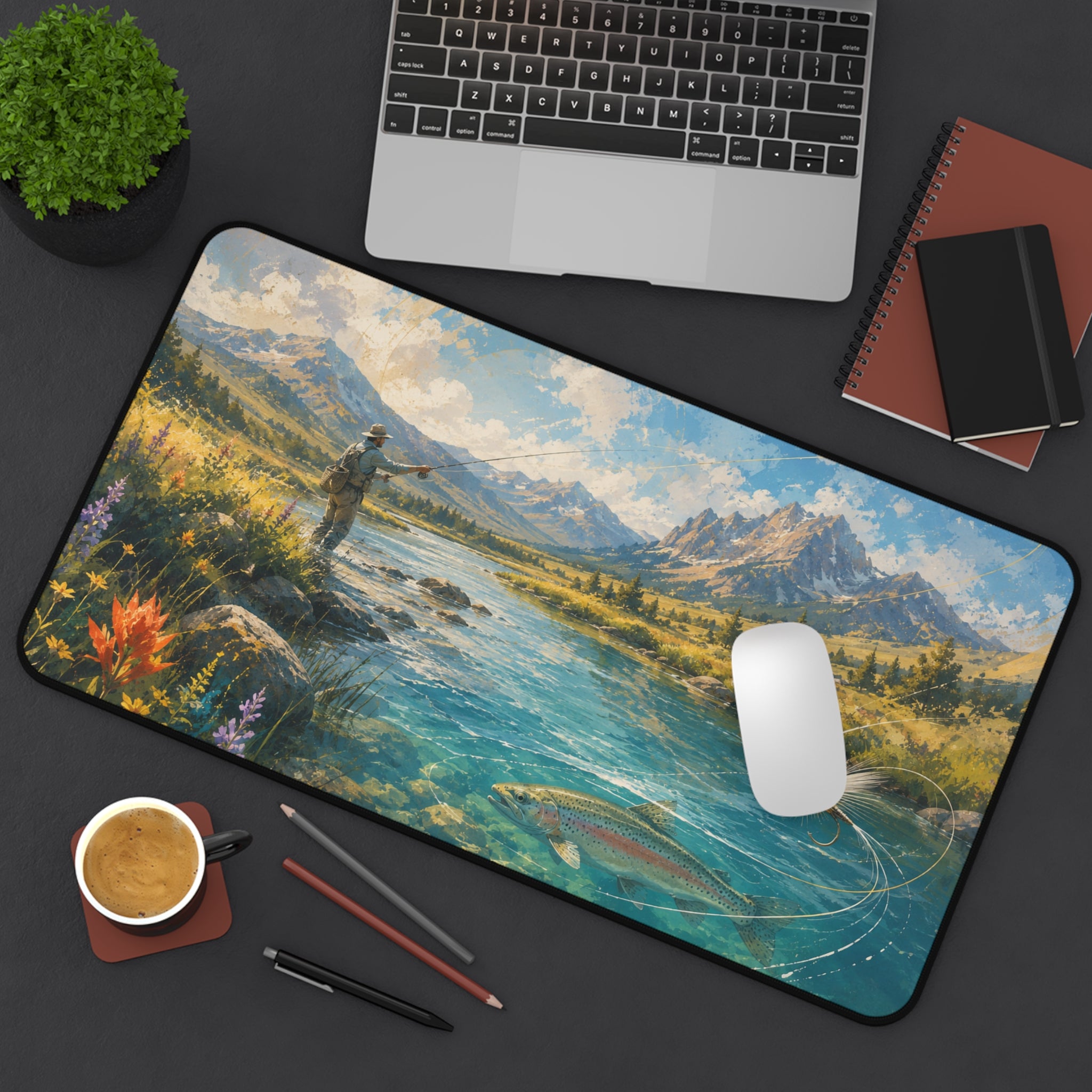 Mountain Fly Fishing Scene Desk Mat | River Trout Landscape Mousepad