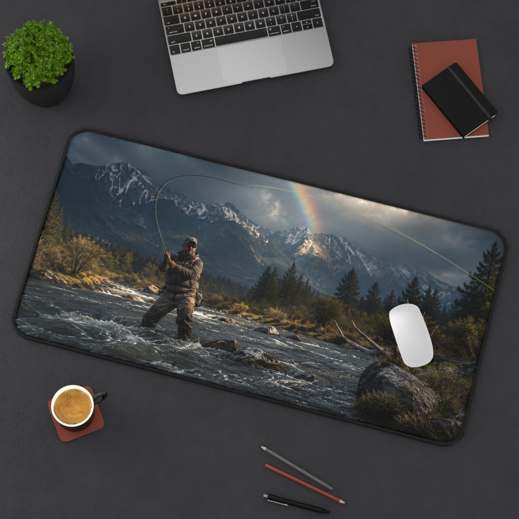 Fly Fishing Desk Mat, Fly Fisherman Gift, Mountain River Mouse Pad, Trout Angler Gaming Mat, Rainbow Fishing Office Decor