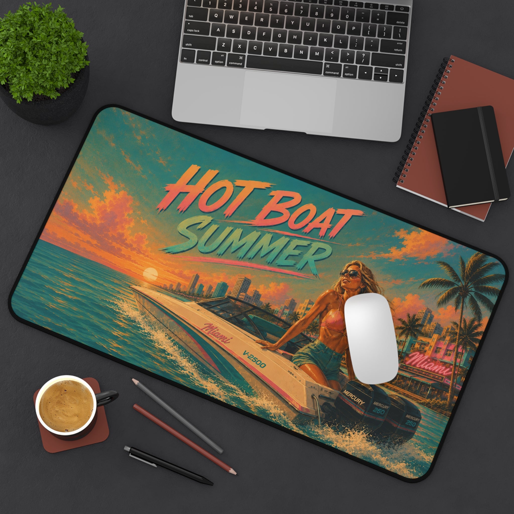 Hot Boat Summer desk mat | retro beach sunset, speedboat pinup art