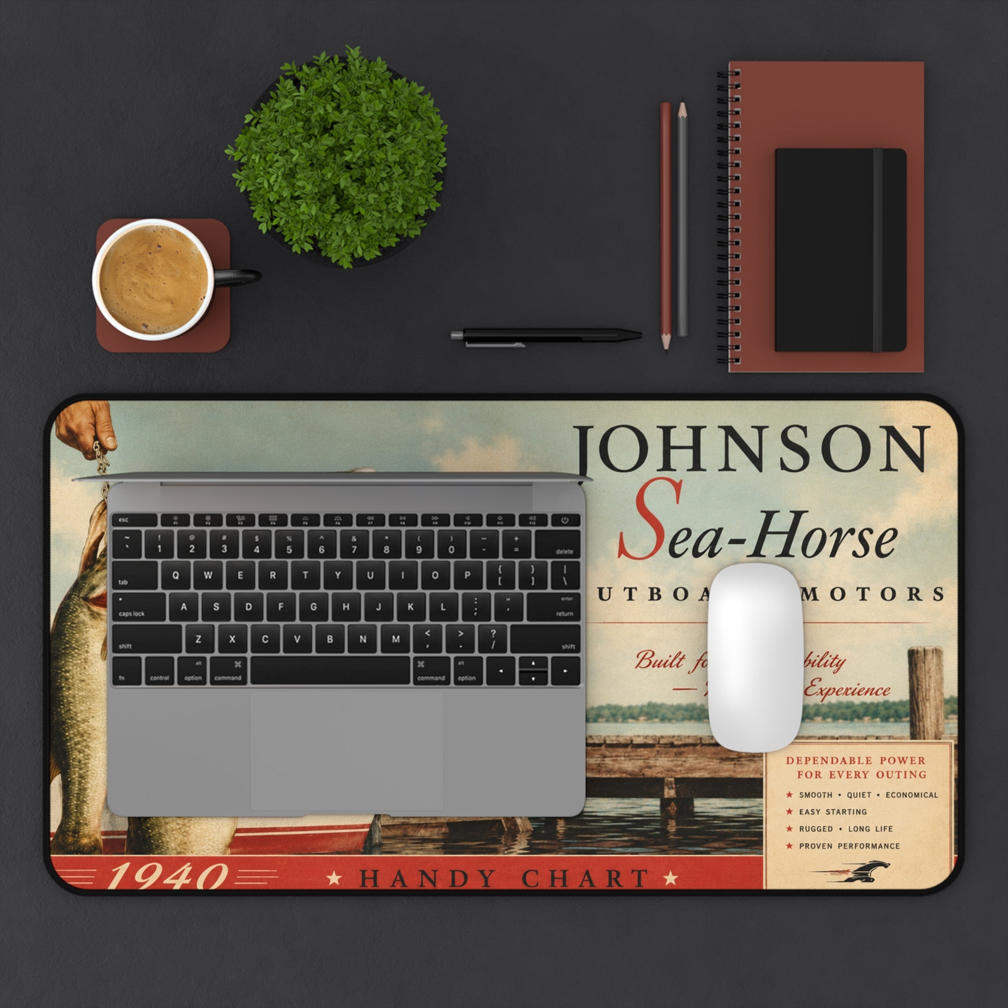 Vintage Johnson Sea-Horse Outboard Motor Desk Mat | 1940 Fishing Dock Art