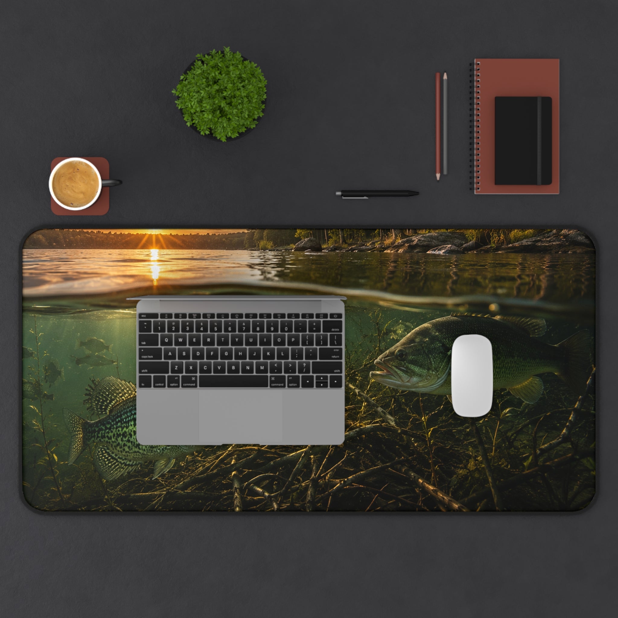 Underwater Lake Fish Scene Desk Mat | Sunset Shoreline, Crappie and Bass