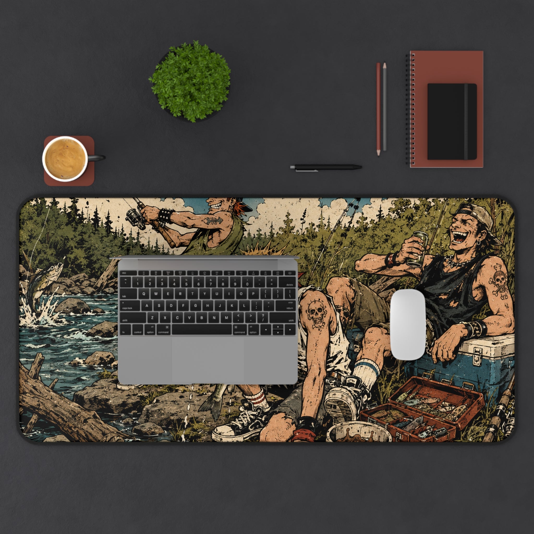 River Rats Fishing Desk Mat, Punk Anime Angler Mouse Pad, Rustic Outdoor River Scene, Fisherman Gift, Large Gaming Mouse Pad, Office Decor