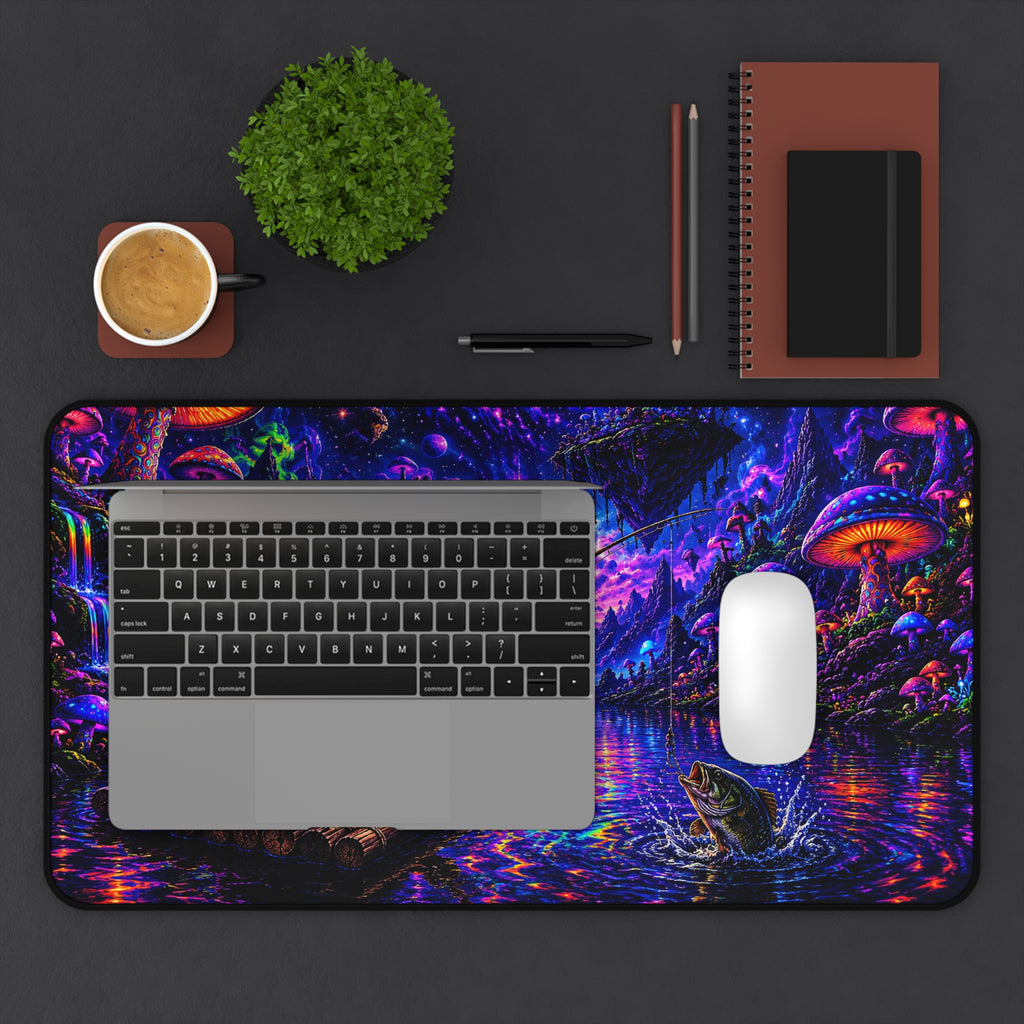 Psychedelic Night Fishing Desk Mat — Neon Mushroom Galaxy Mouse Pad