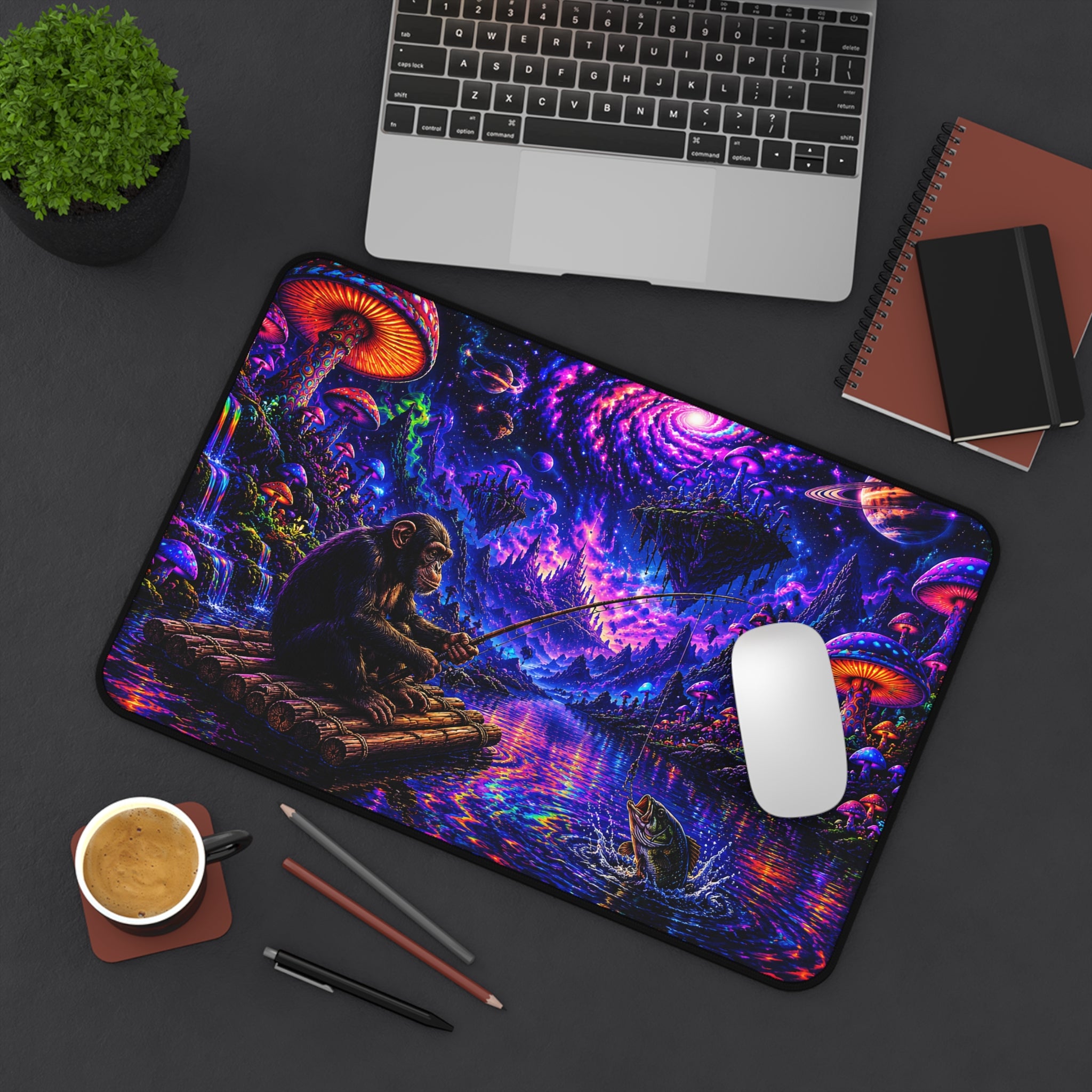 Psychedelic Night Fishing Desk Mat — Neon Mushroom Galaxy Mouse Pad