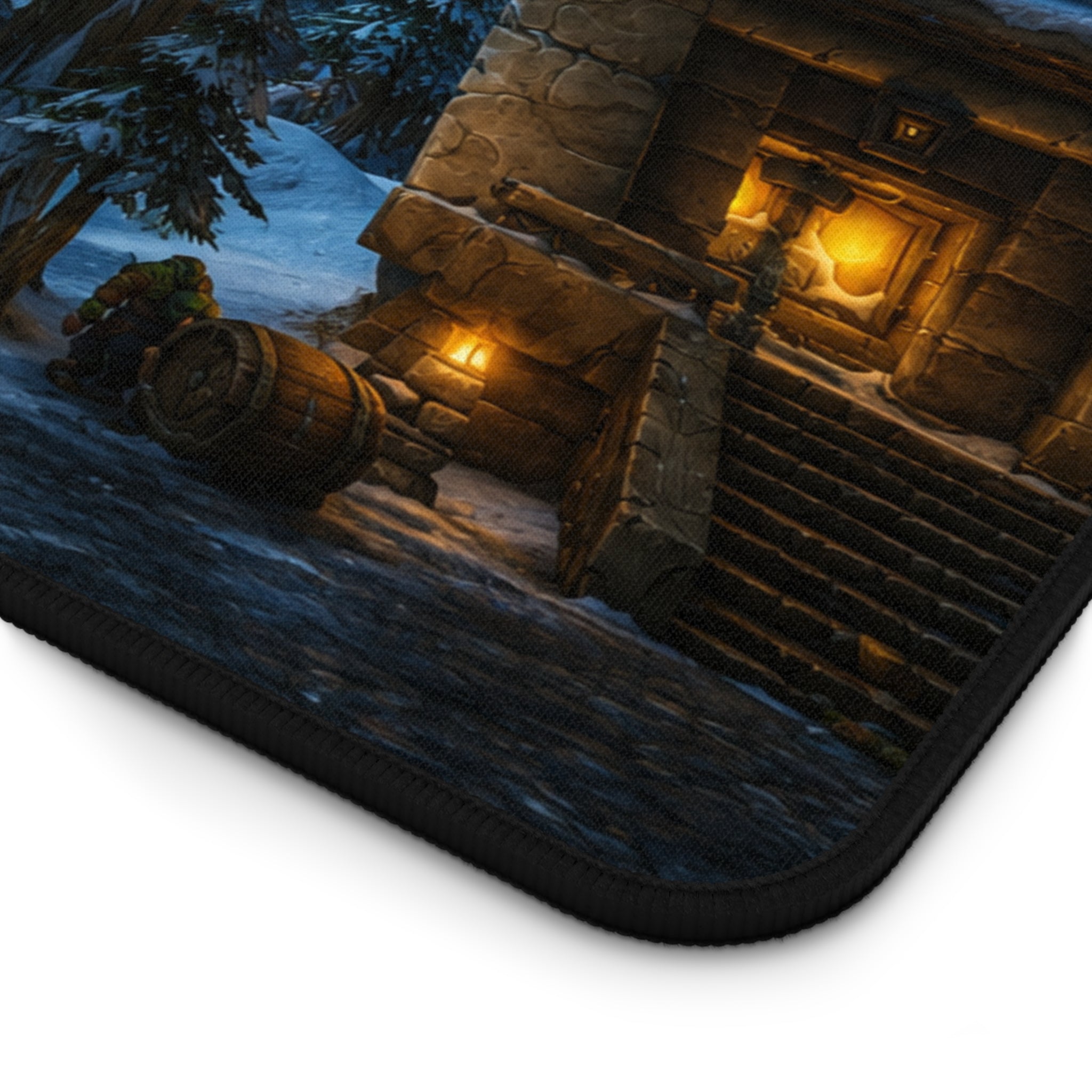 Snowy Village Night Desk Mat | Winter Cottage Landscape