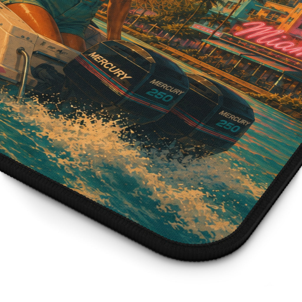 Hot Boat Summer desk mat | retro beach sunset, speedboat pinup art