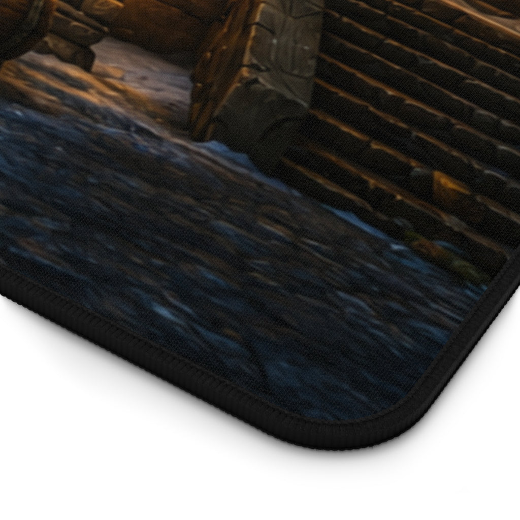 Snowy Village Night Desk Mat | Winter Cottage Landscape