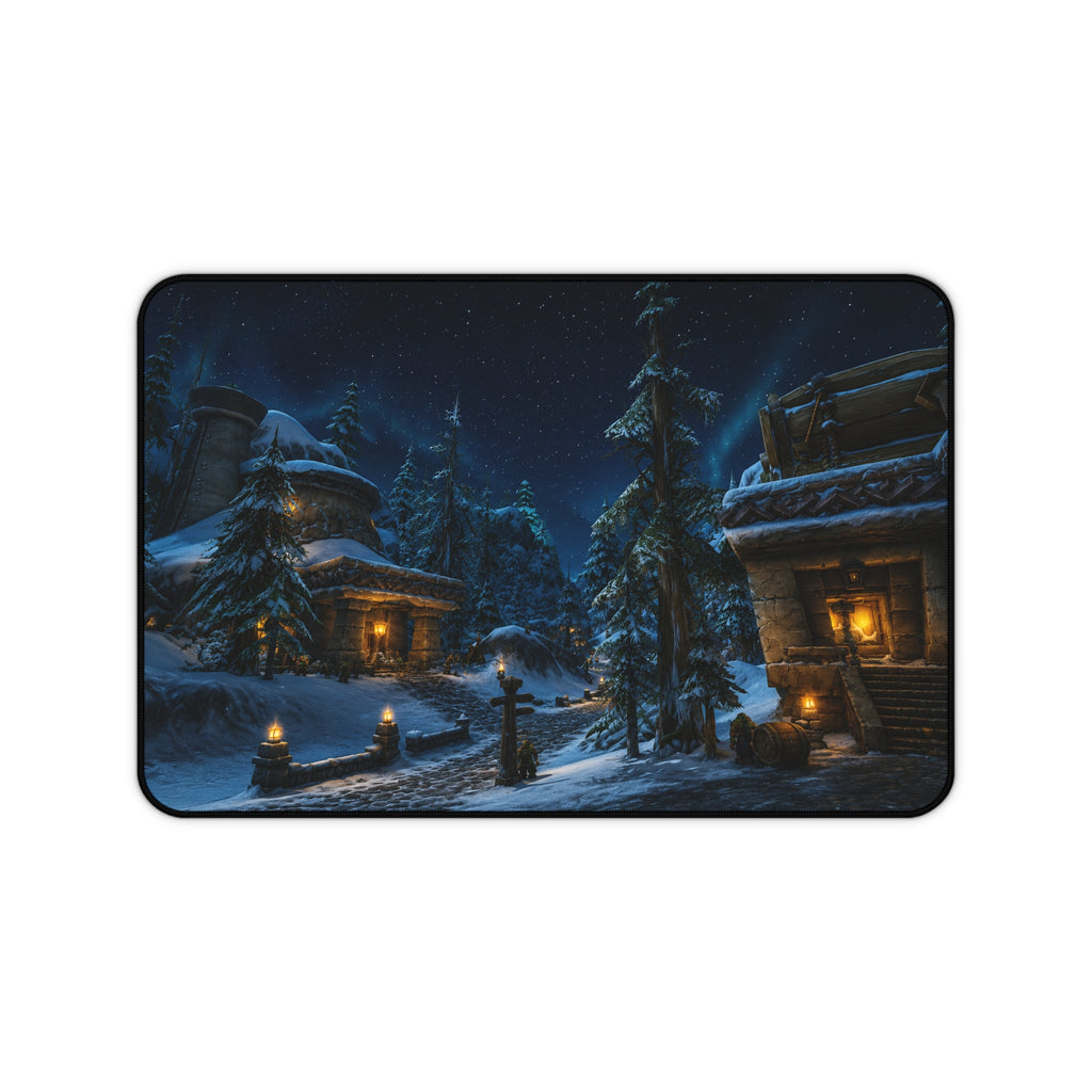 Snowy Village Night Desk Mat | Winter Cottage Landscape
