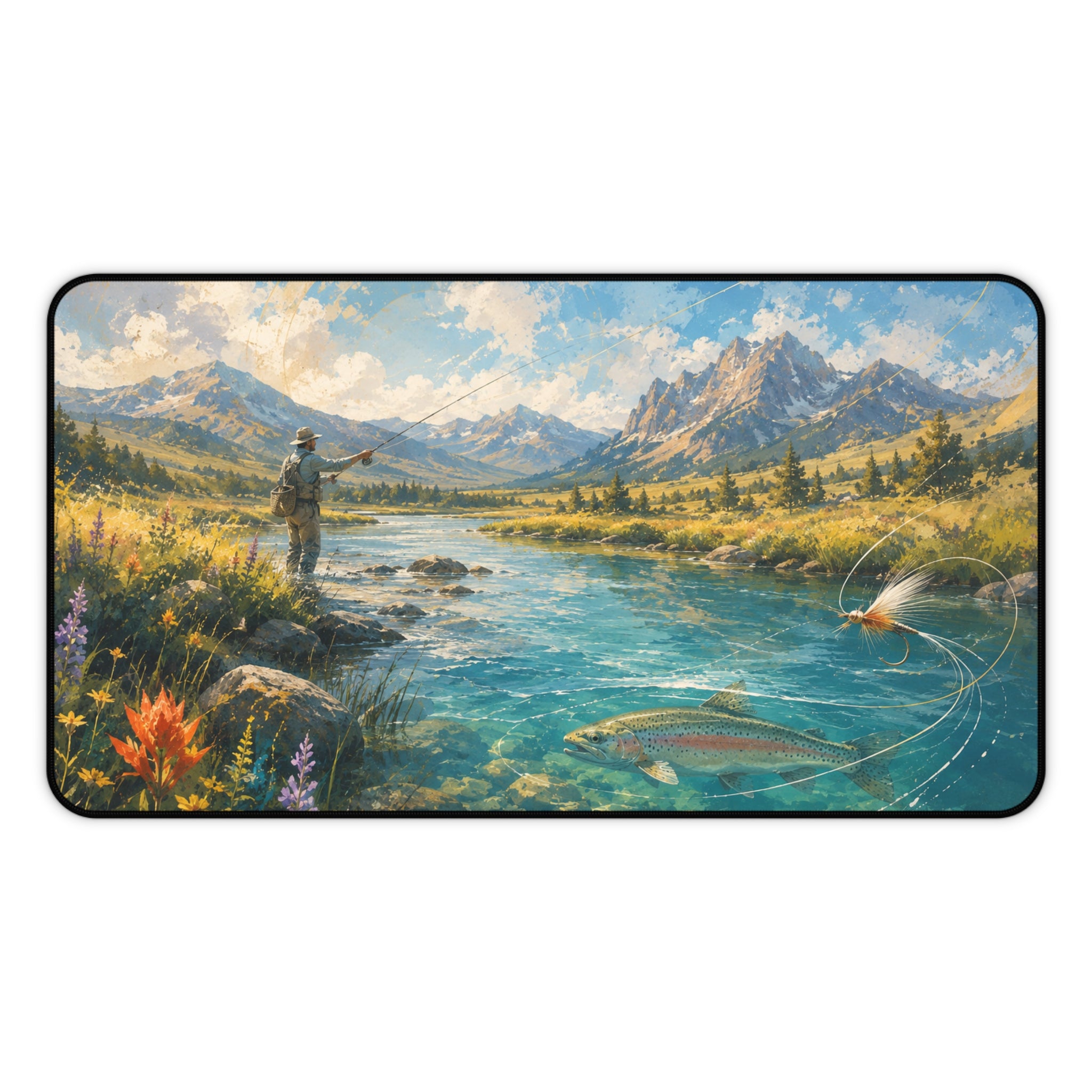 Mountain Fly Fishing Scene Desk Mat | River Trout Landscape Mousepad
