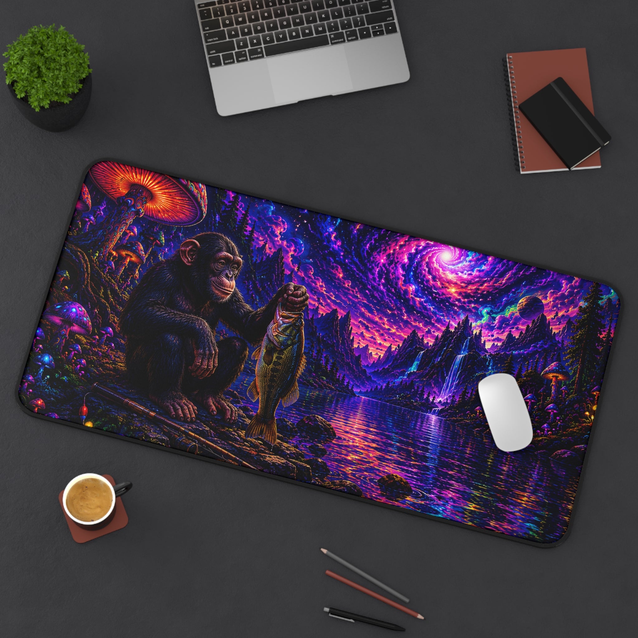 Psychedelic Nightscape Chimp Fishing Desk Mat | Cosmic Mushroom Lake