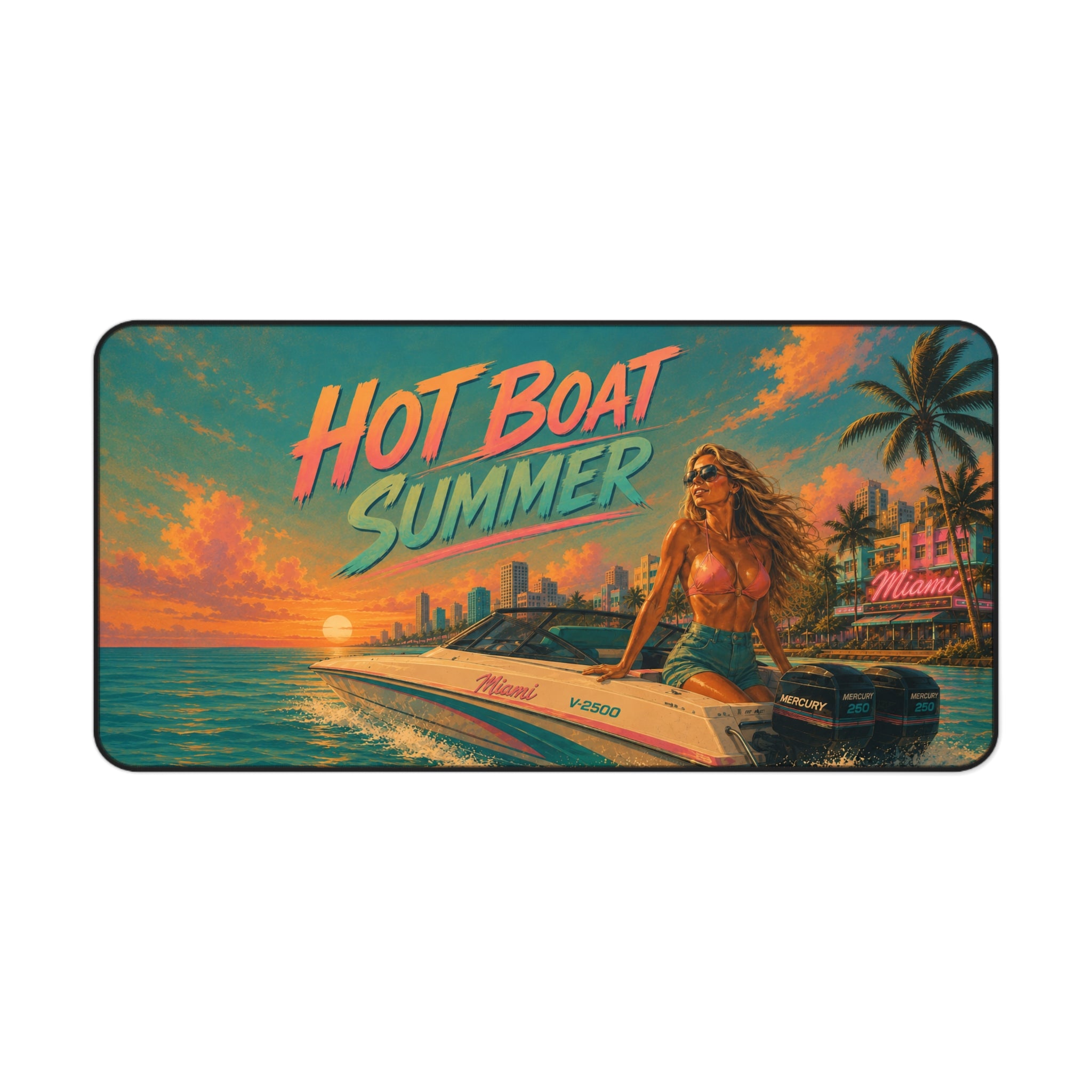 Hot Boat Summer desk mat | retro beach sunset, speedboat pinup art