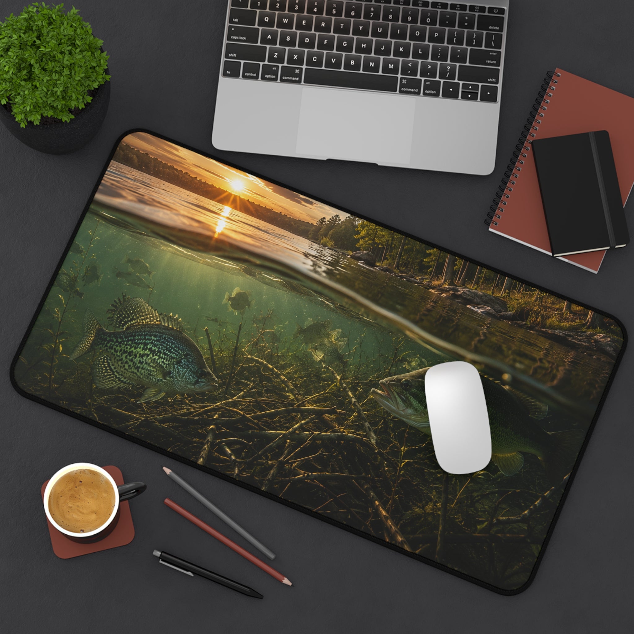 Underwater Lake Fish Scene Desk Mat | Sunset Shoreline, Crappie and Bass