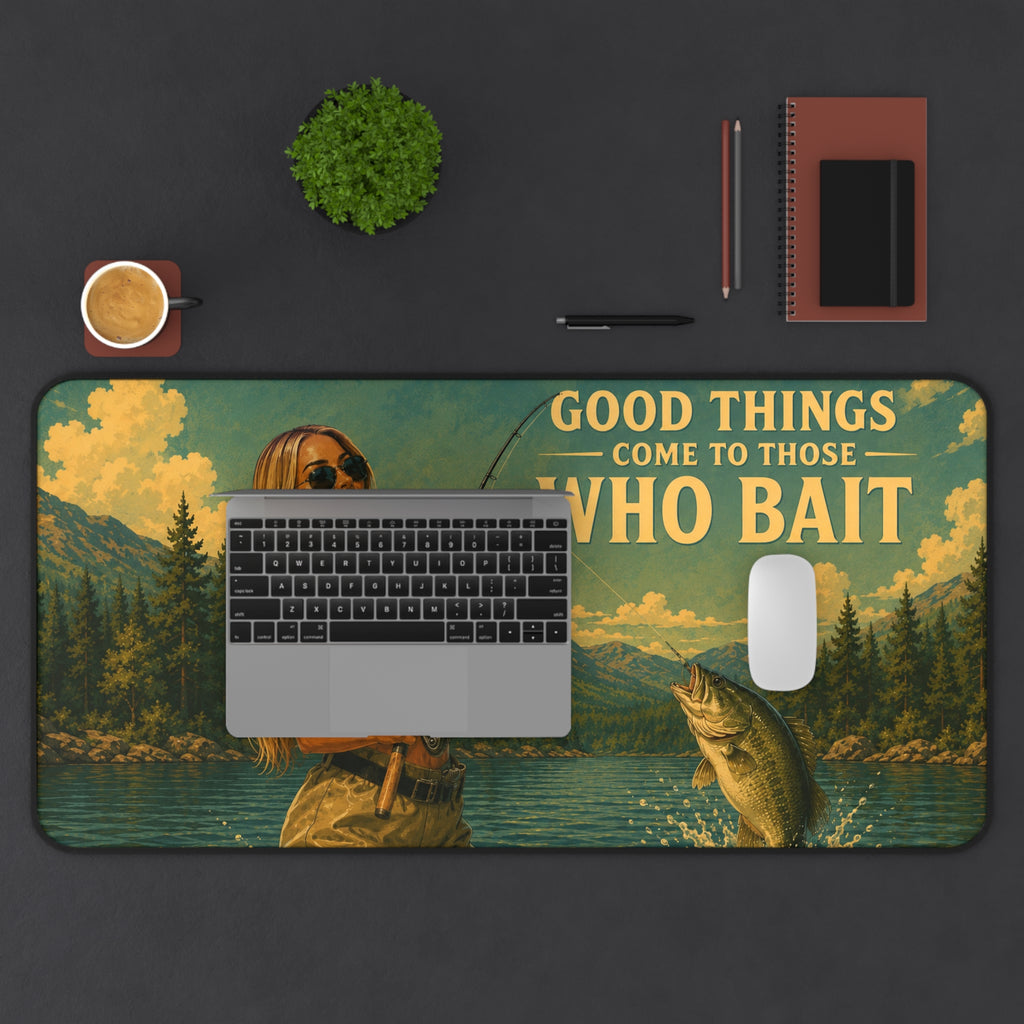 Good Things Come to Those Who Bait Desk Mat | Fishing Retro Lake Illustration